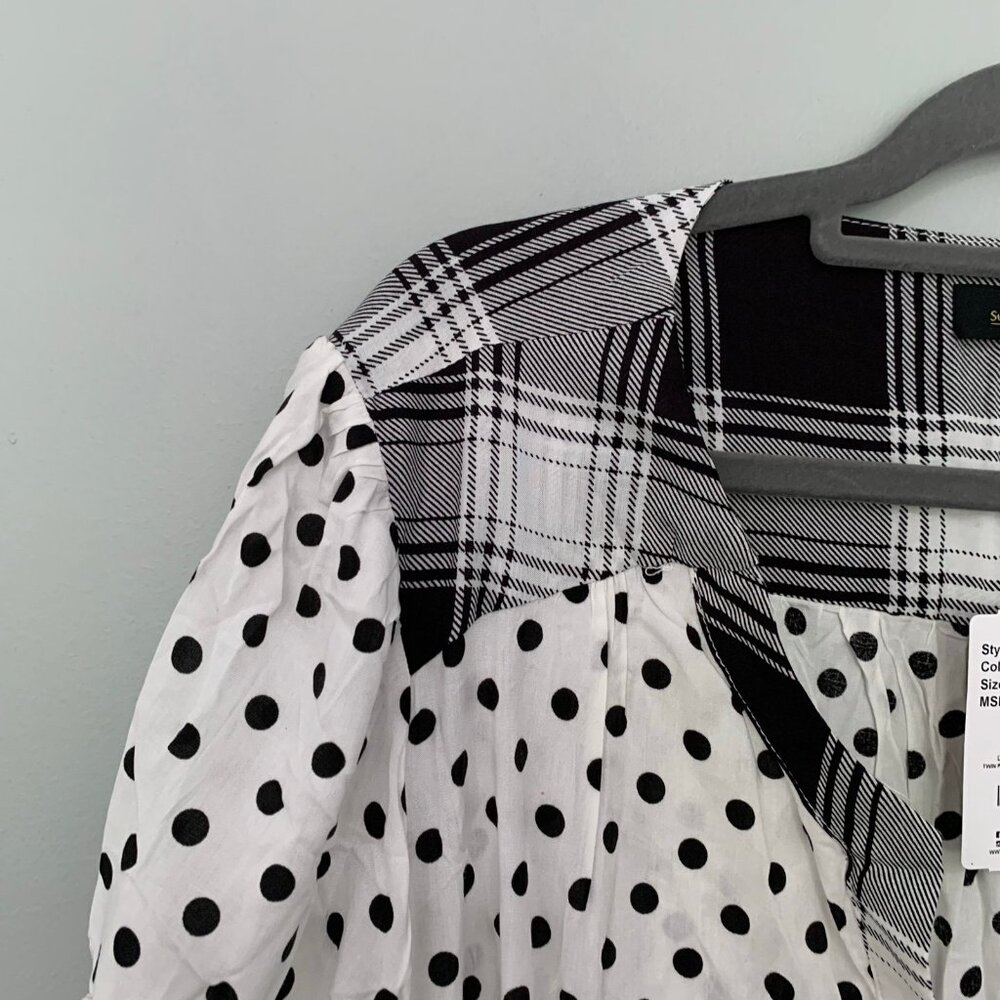 NEW Suzanne Betro retro black white mixed pring collared short sleeve blouse top - Picture 2 of 10